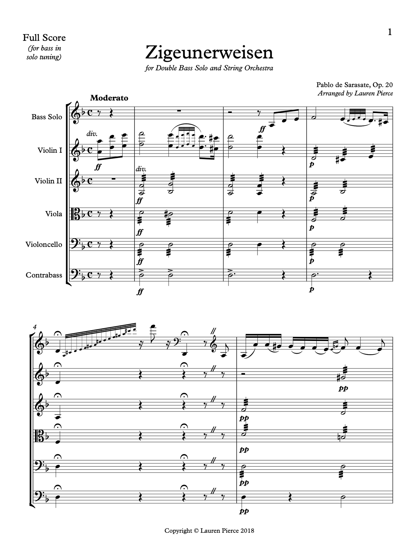 Sarasate: Zigeunerweisen for Double Bass and String Orchestra (arr. by Lauren Pierce)